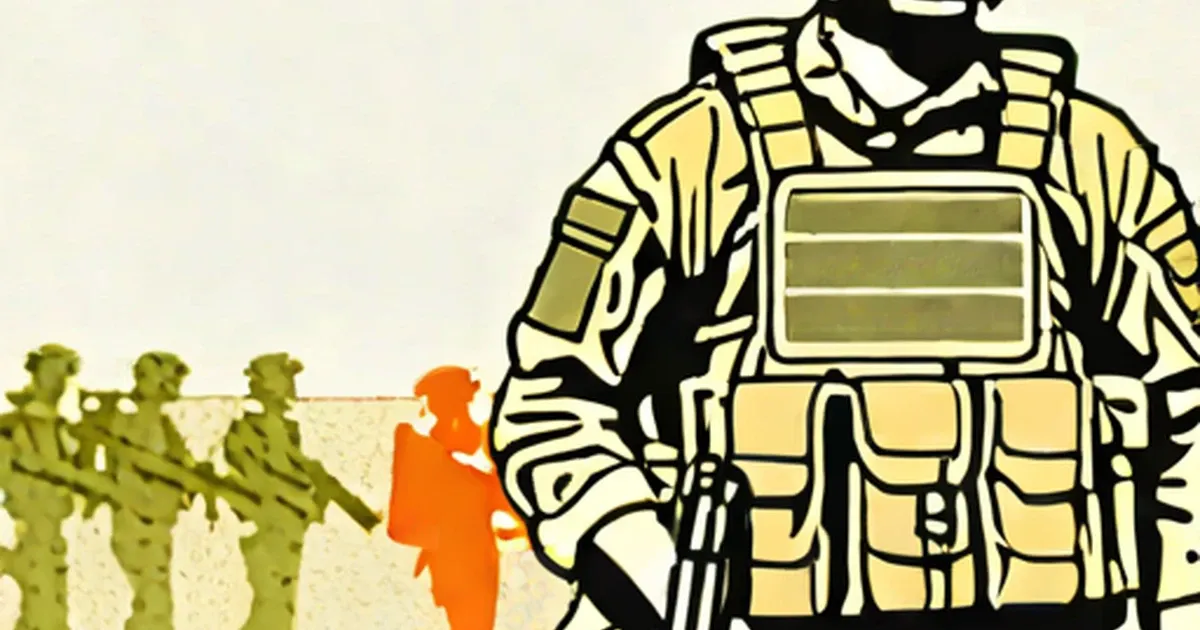 Illustration of a soldier in tactical gear standing apart from olive-colored soldier silhouettes