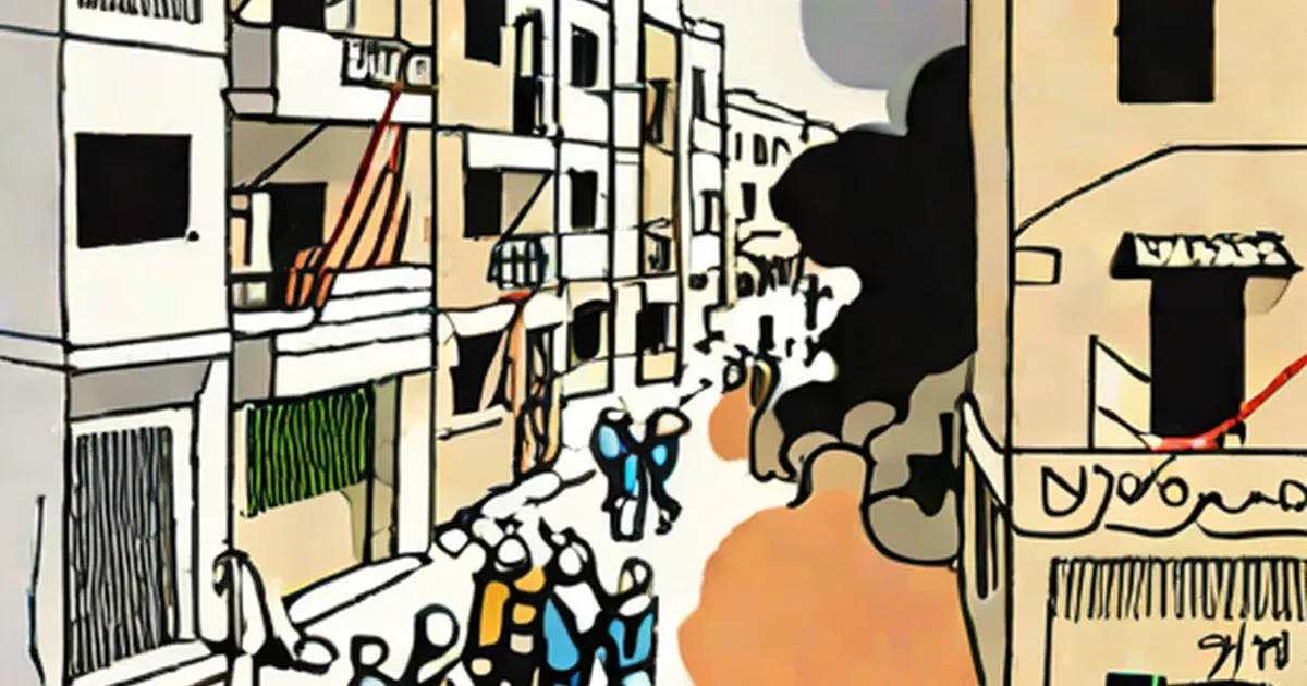 Illustration of a damaged city street with destroyed buildings and smoke