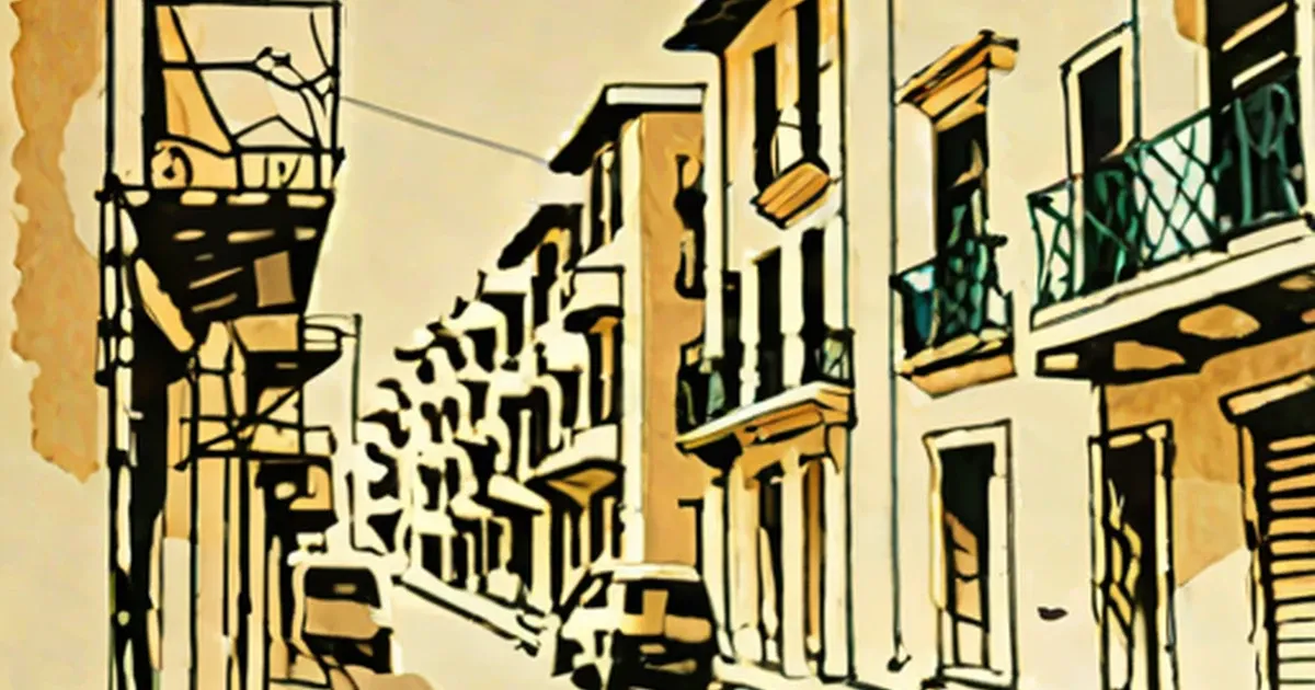 Narrow street lined with traditional buildings featuring arched windows and balconies