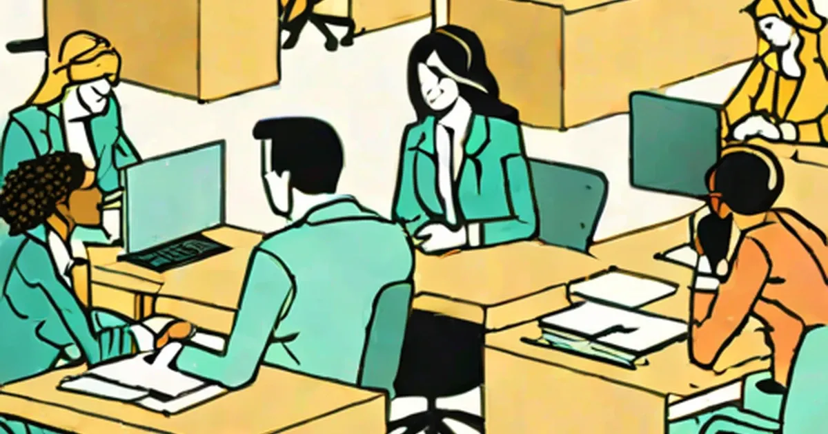 Diverse office workers collaborate at desks with computers and documents