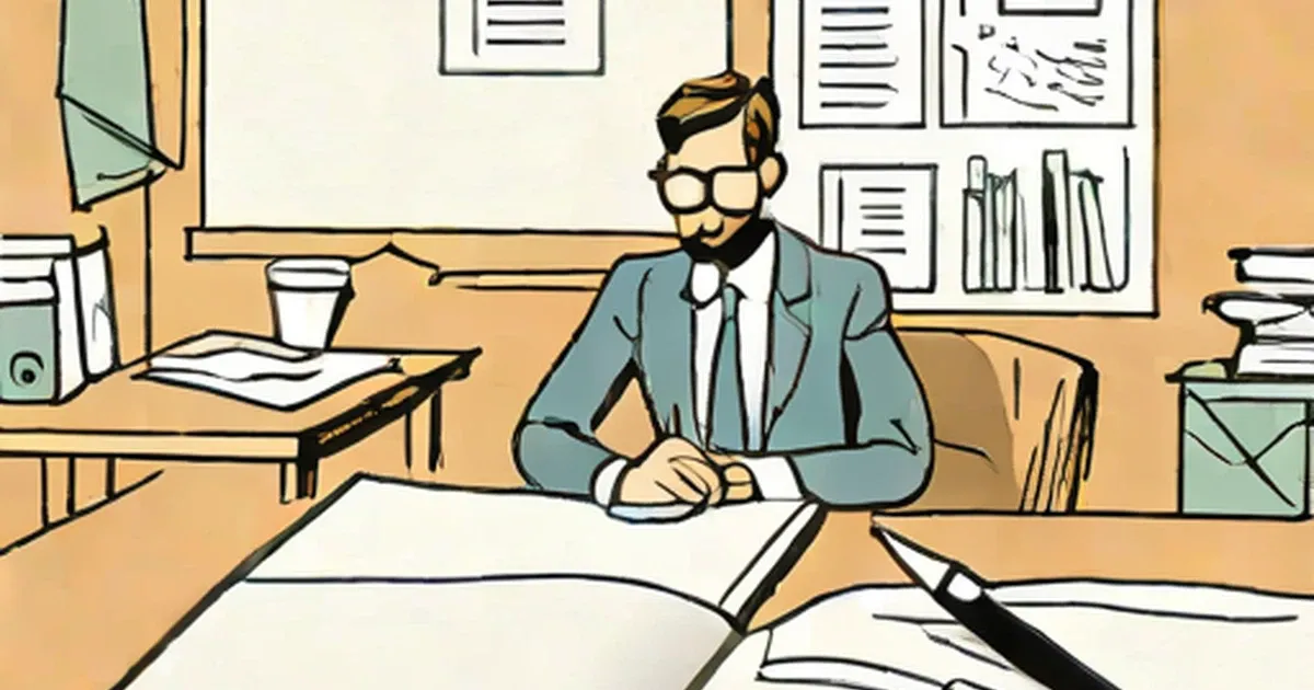 Man in business attire sitting at desk with papers, surrounded by books and documents