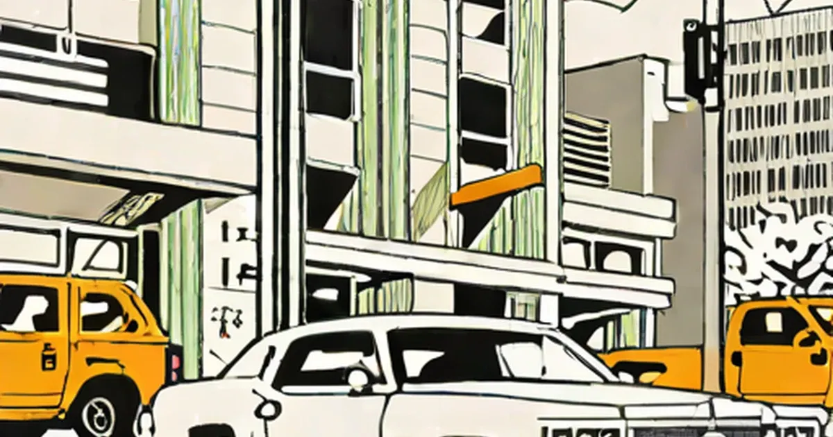 Illustrated automotive factory floor with yellow industrial vehicles