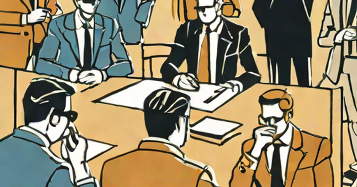 Retro-style cartoon depicting men in suits taking a test at a table