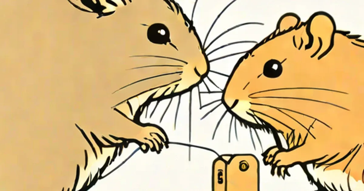 Illustrated tan gerbil with long whiskers next to a rounder hamster
