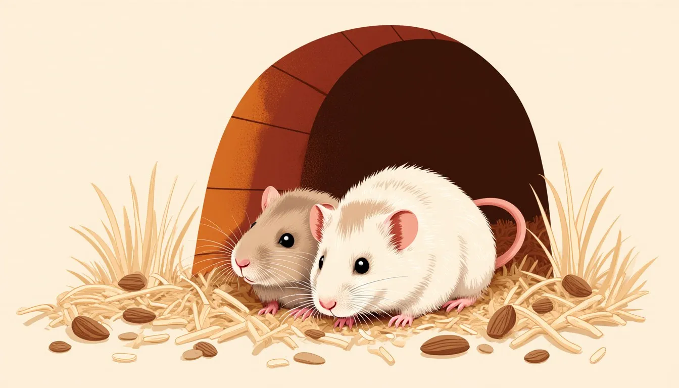 Two gerbils nestled together in a burrow, illustrating their bonded, social nature and long companionship.