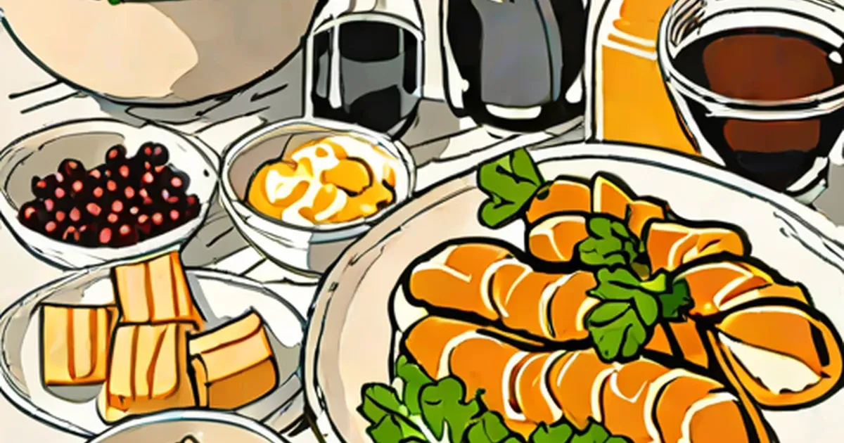 Colorful illustration of bratwursts and traditional German sides on white plates