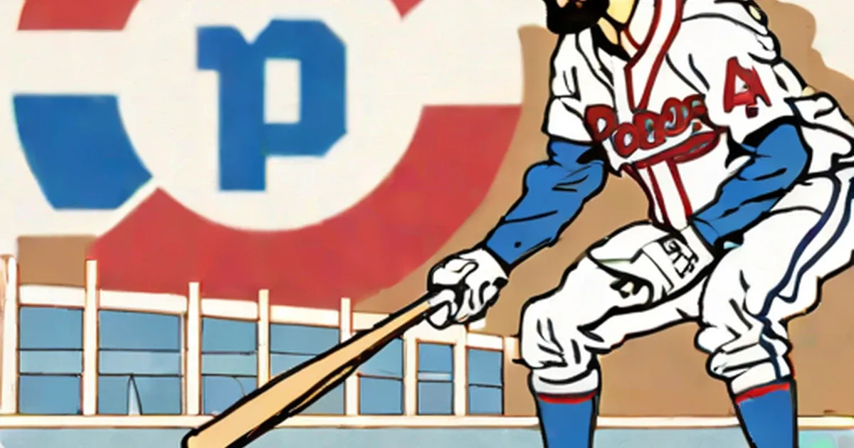 Cartoon baseball player in Dodgers uniform holding bat, Expos stadium behind
