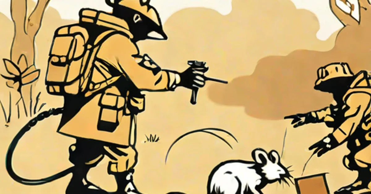 Cartoon illustration of military personnel with a white rat in a desert setting