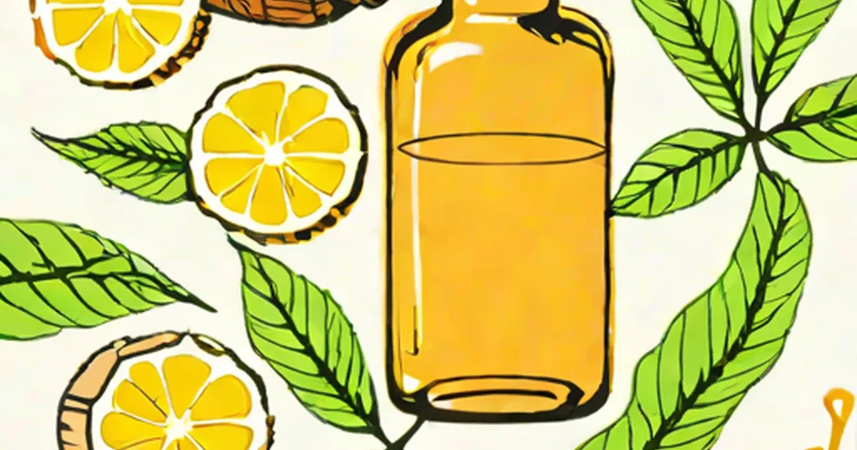 Golden ginger oil in a bottle with lemon slices and leaves