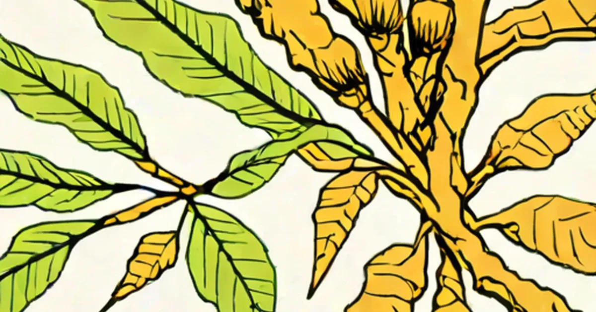 Ginger plant illustration with green leaves and golden root system