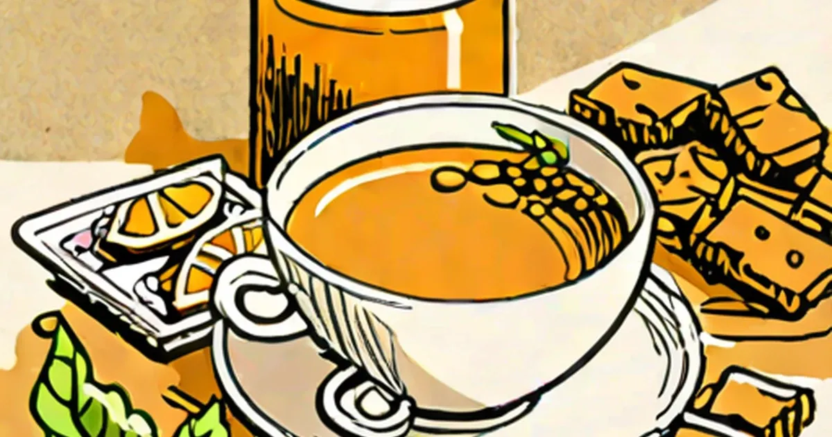 Cup of ginger tea surrounded by fresh ginger root and lemon slice