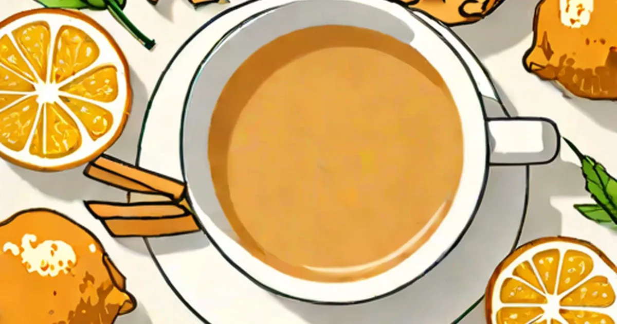 Illustration of golden tea in a cup surrounded by ginger, orange slices, and mint