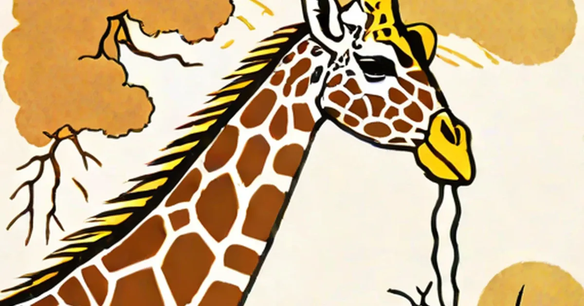 Illustrated giraffe struck by yellow lightning bolts during a storm