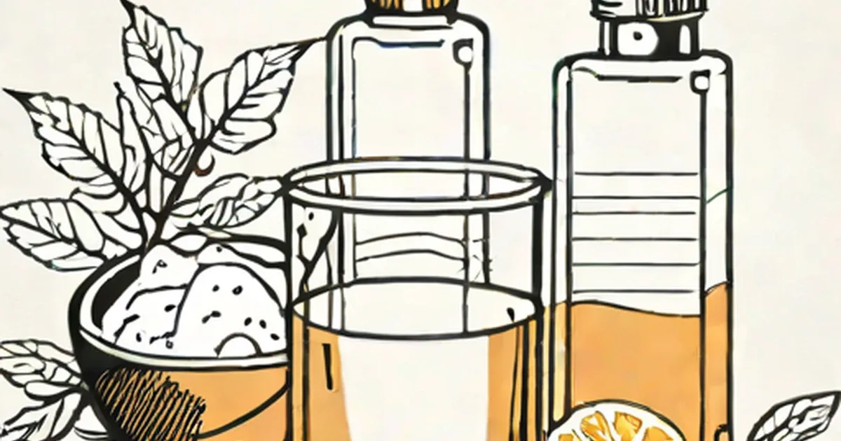 Glass jars and pump bottles containing cream and liquid, surrounded by botanical leaves