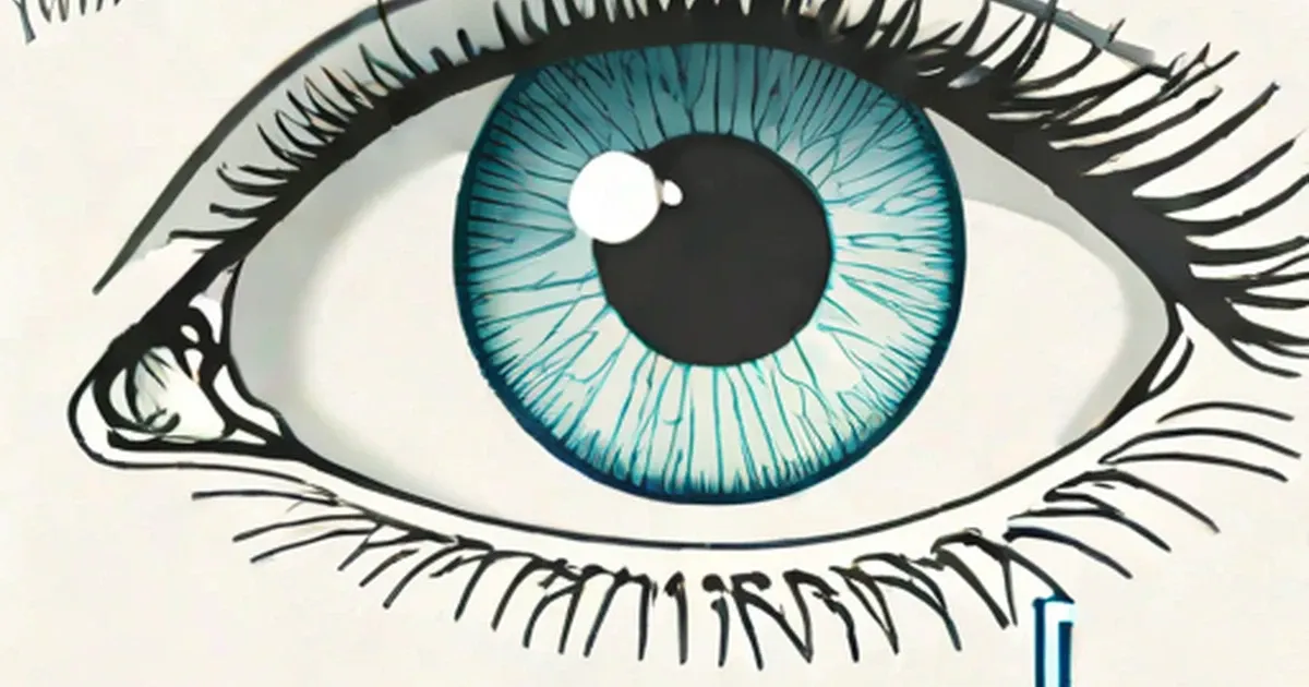 Detailed illustration of a human eye with blue iris and prominent lashes