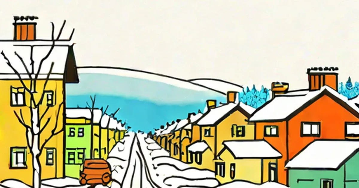 Russian village in winter with snowy streets and colorful houses