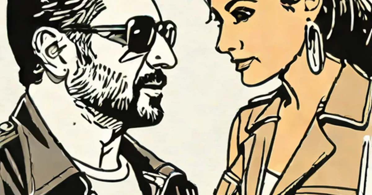 Illustration of Gloria and Emilio Estefan facing each other in pop art style