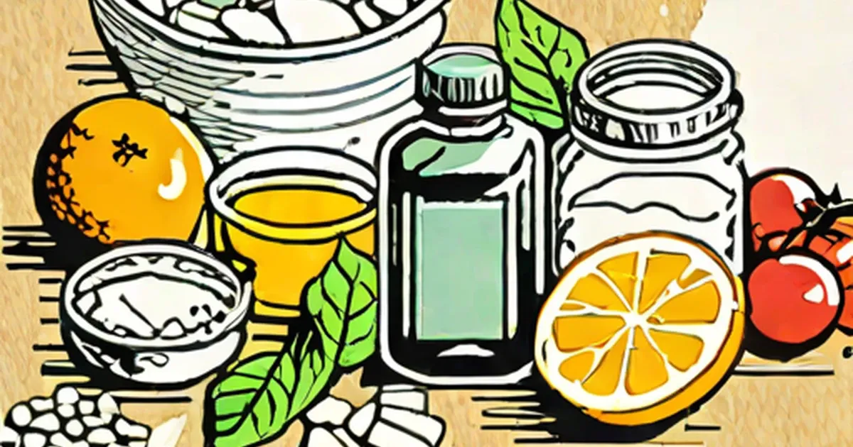 Illustration of citrus fruits, tomatoes, rice, juice, herbs, and supplement bottle