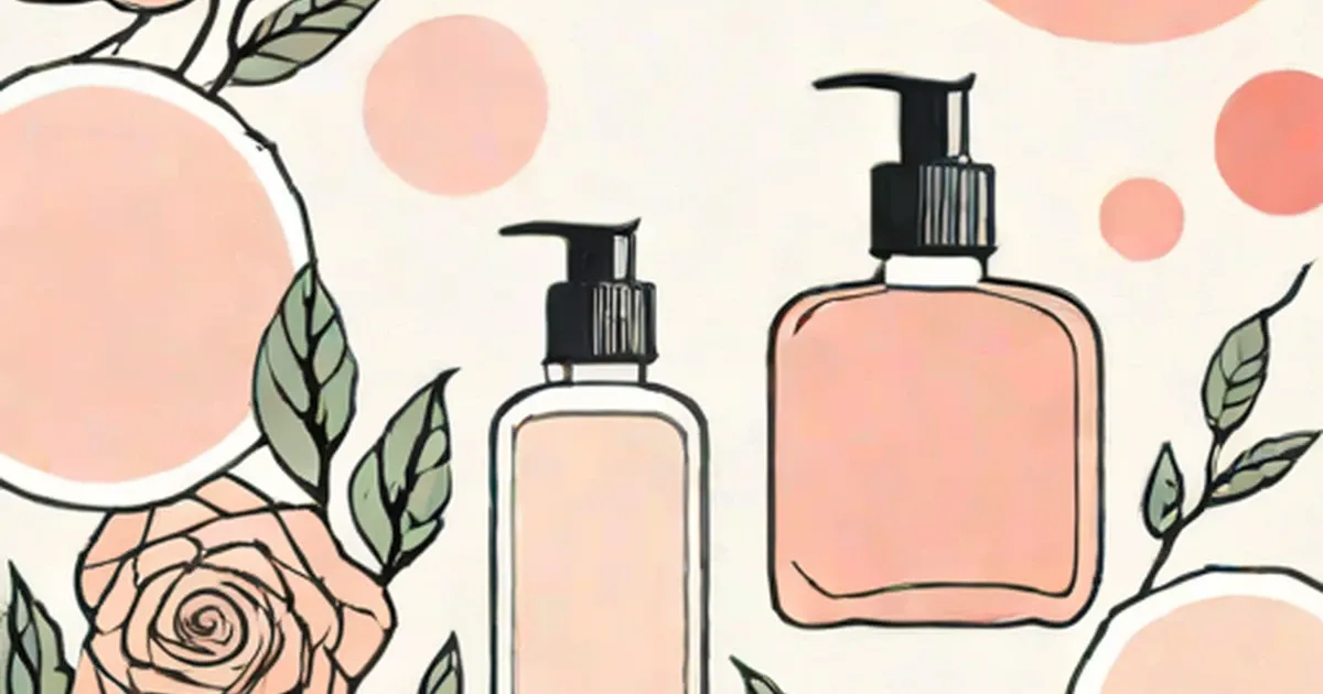 Two cream-toned pump bottles surrounded by watercolor roses and green leaf illustrations