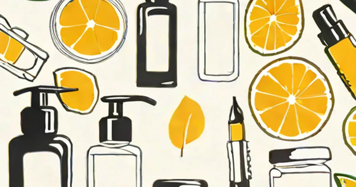 Skincare product bottles and orange slices arranged on a cream background