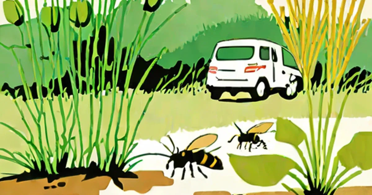 Engineered crops displaying black sections with bees and white van in field