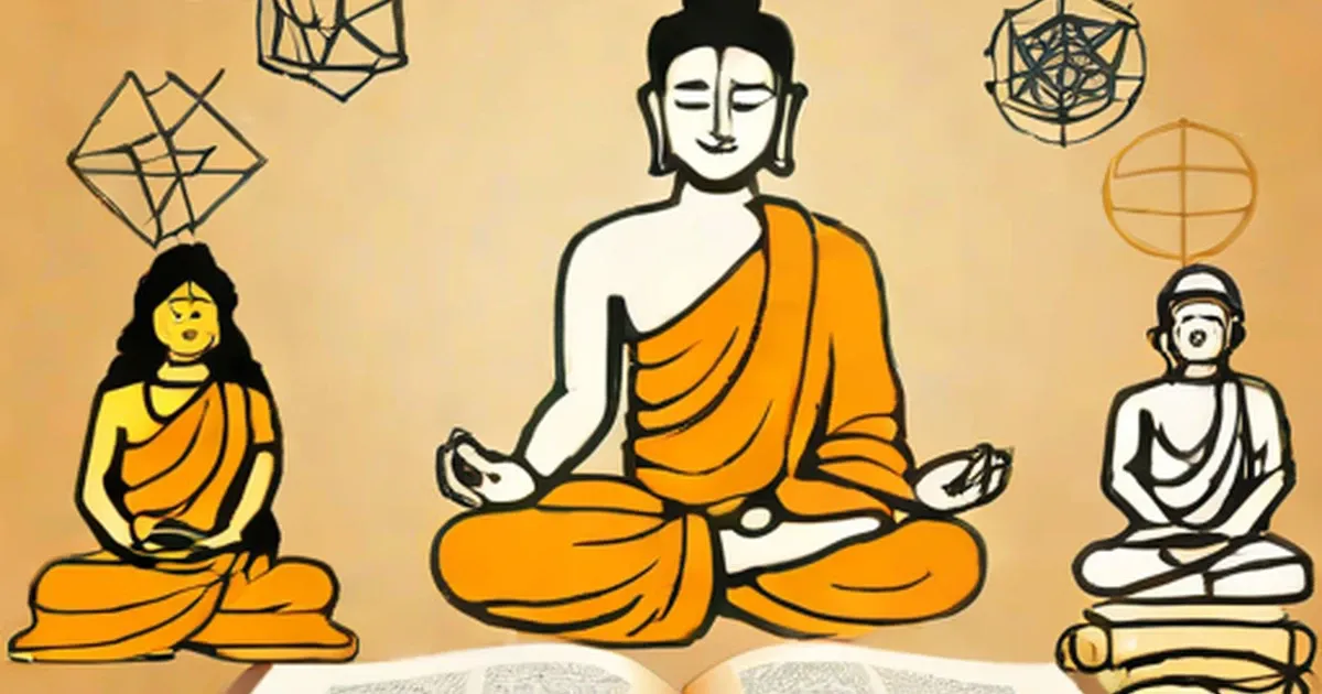 Buddhist figures in meditation surrounded by spiritual symbols and an open book