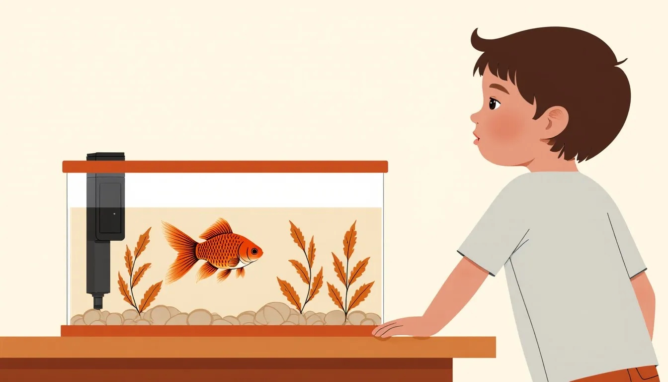 A child watches a goldfish swimming in a small rectangular aquarium with a filter and plants