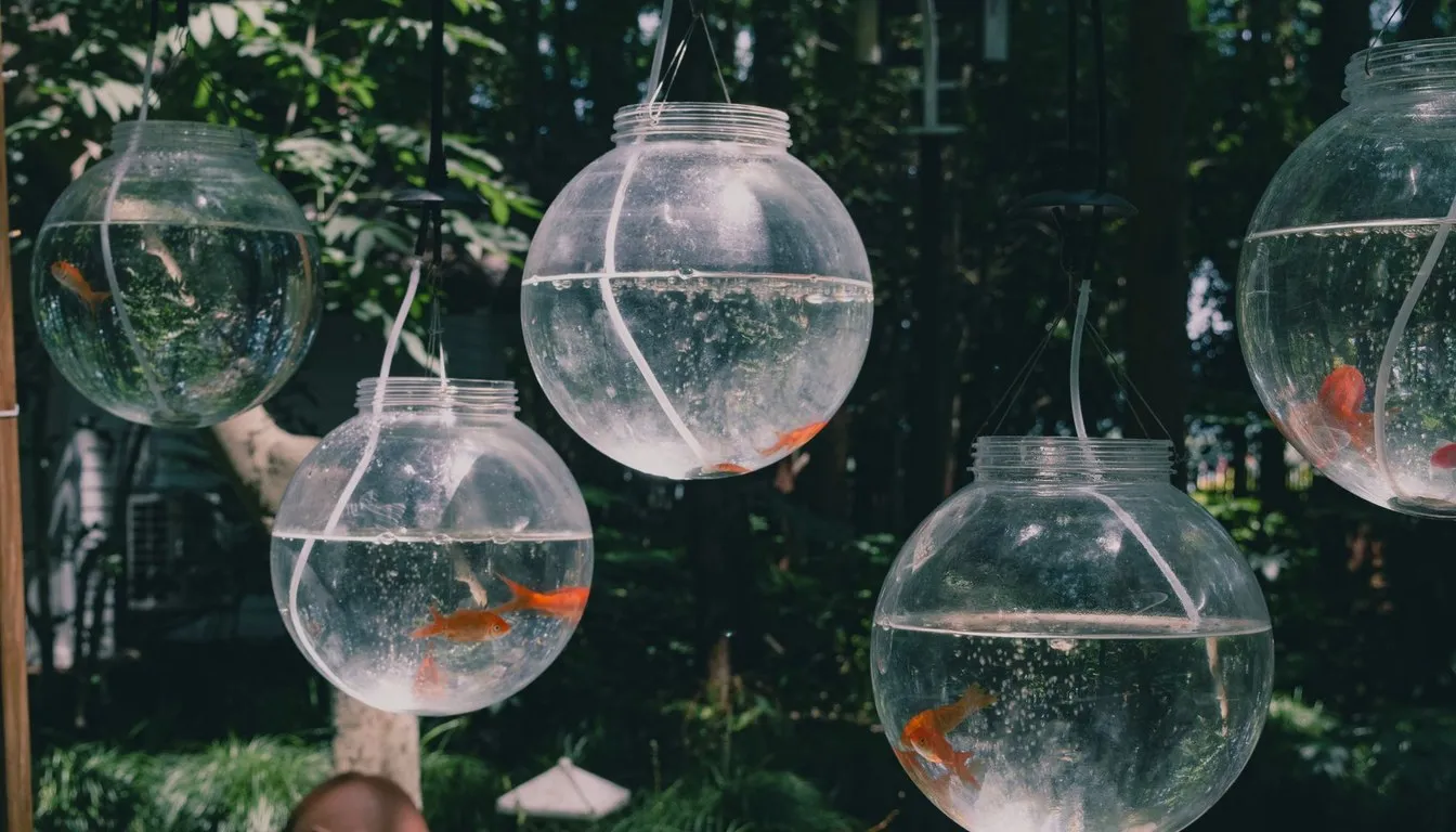 Round hanging bowls holding goldfish