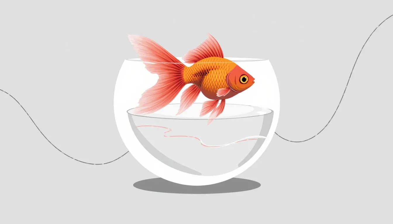 An ornate fantail goldfish with flowing fins swims inside a round bowl, illustrated with character and personality.