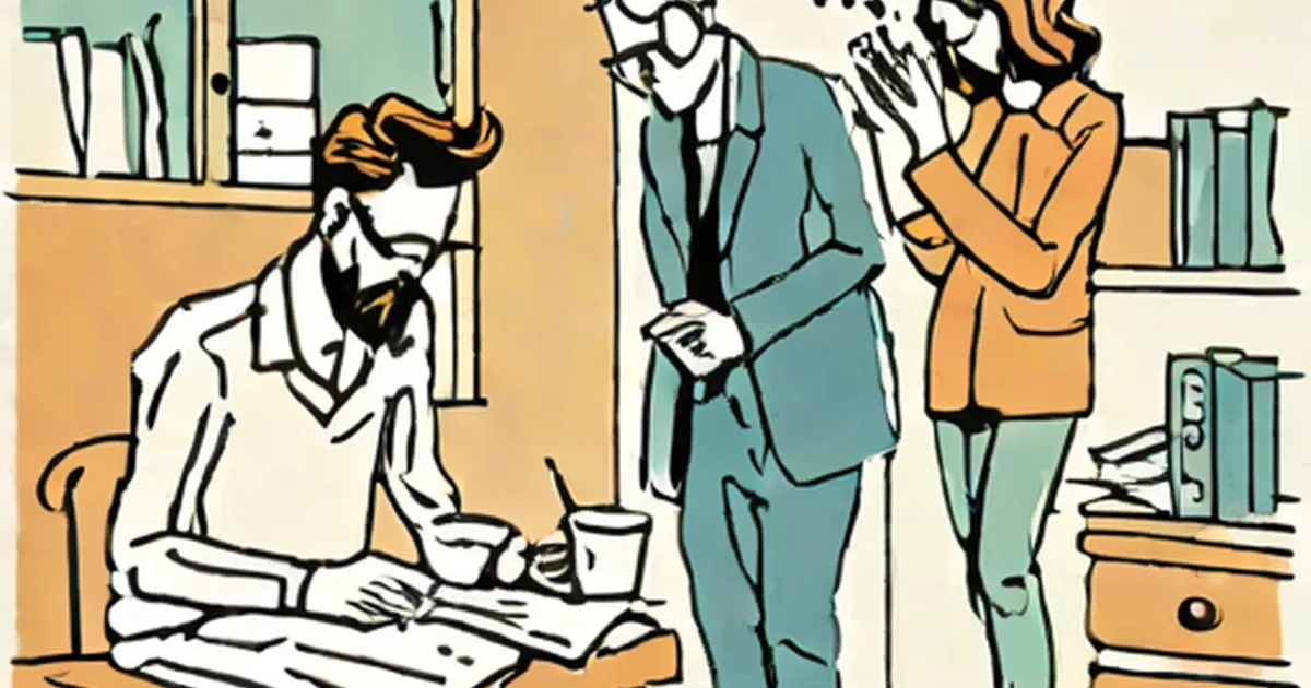 Man with mustache drawn on his face sits at desk while two coworkers laugh
