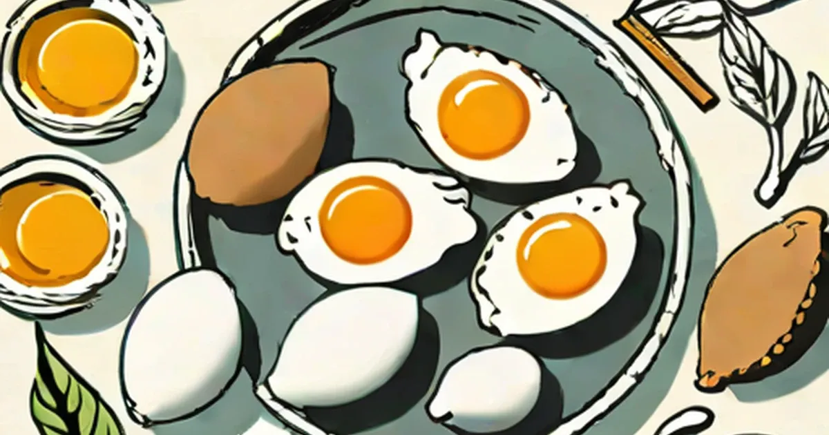 Fried goose eggs on a plate with raw eggs and fresh herbs