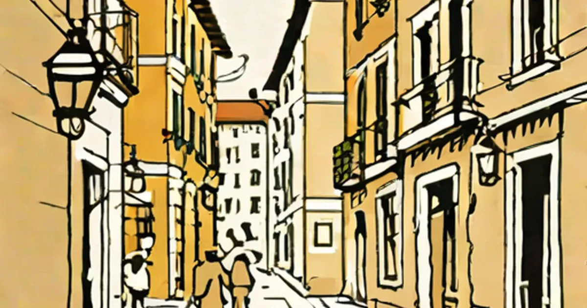 Asterix-style comic illustration of a narrow European street