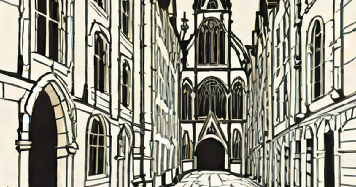 Gothic cathedral featuring pointed arches and soaring vertical lines, rendered as a stylized line drawing