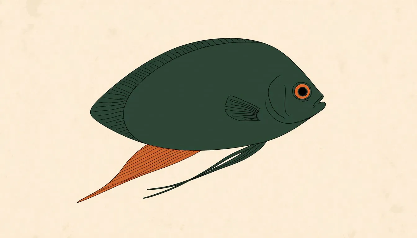 Illustration of an oval-bodied gourami fish with two long thread-like feeler fins trailing beneath it