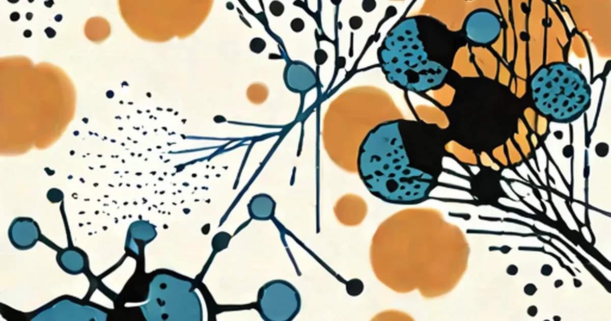 Blue bacteria with spiky flagella and orange cells against a cream background