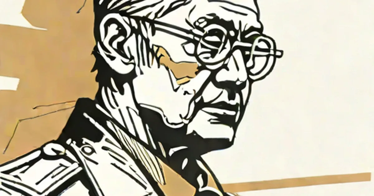 Bold-line portrait of a person in military flak protective gear