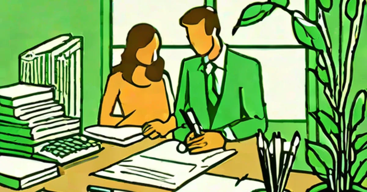 Two professionals review documents at a desk in an office with plants