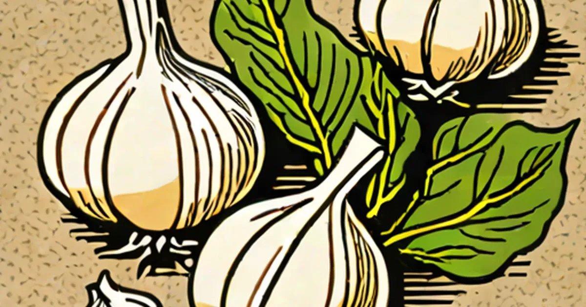 Whole garlic bulbs and green herb sprigs illustrated on textured background