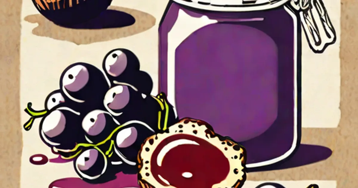 Grapes, a jar of grape jelly, and a meatball on a wooden surface