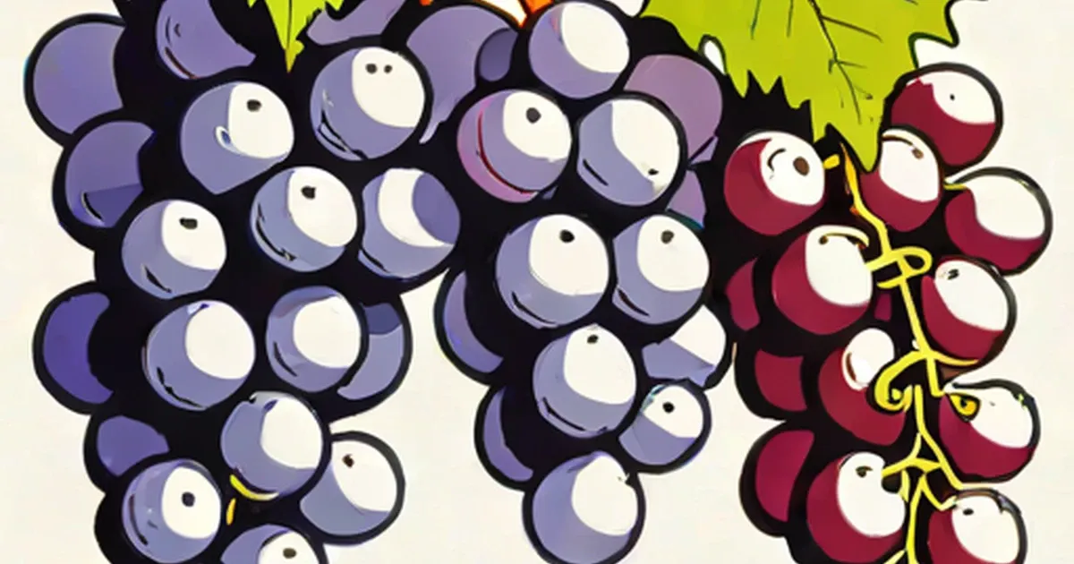 Two bunches of grapes, purple and red varieties, with green vine leaves