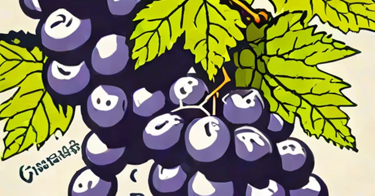 Bunch of dark purple grapes with bright green leaves