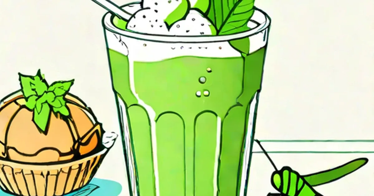 Glass of bright green grasshopper drink topped with vanilla ice cream and mint