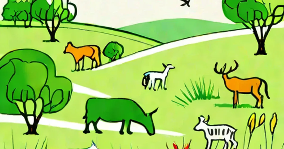 Illustrated landscape with herds of zebras and antelopes grazing on rolling green hills