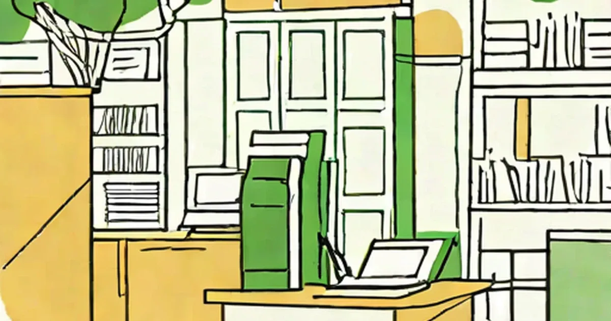 Study workspace with a desk, laptop, and bookcases