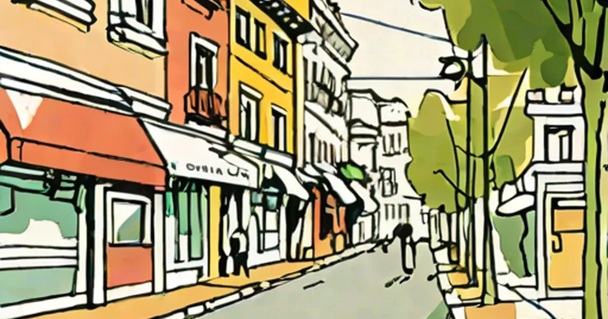 Colorful downtown street with storefronts, apartment buildings, and trees