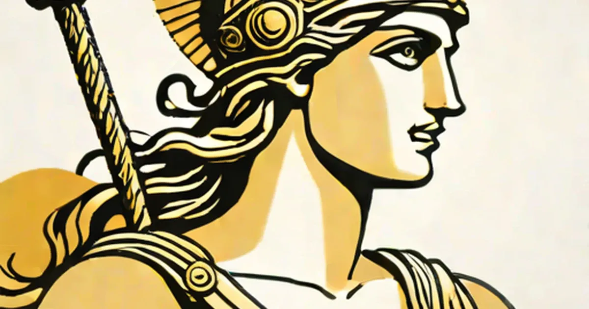 Illustrated profile of Athena wearing an ornate golden helmet and holding a spear