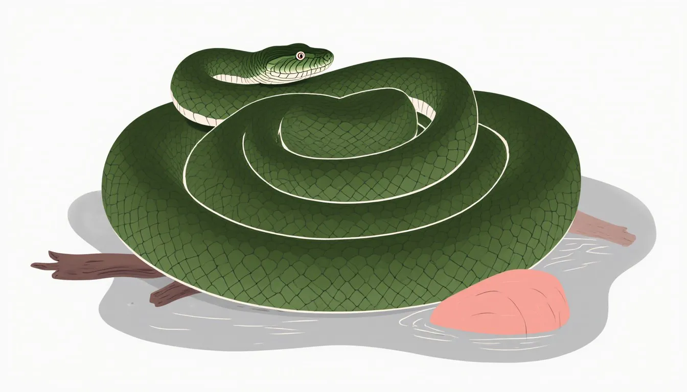A large green anaconda coiled within a simple enclosure with a shallow pool of water