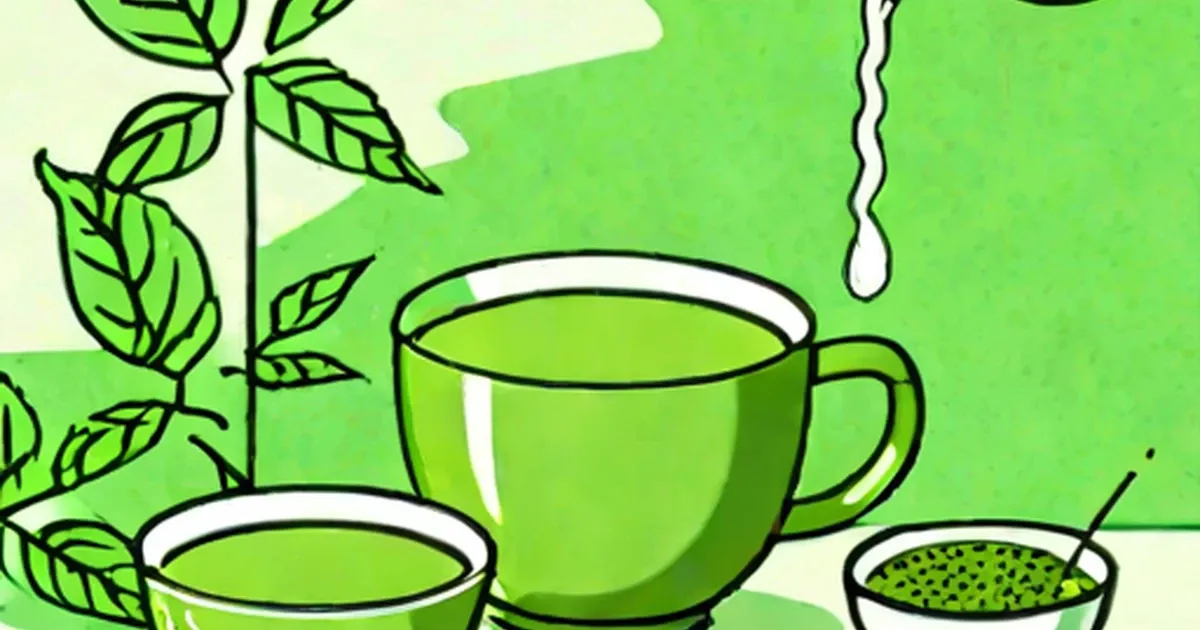 Steaming green tea cups beside tea plant leaves