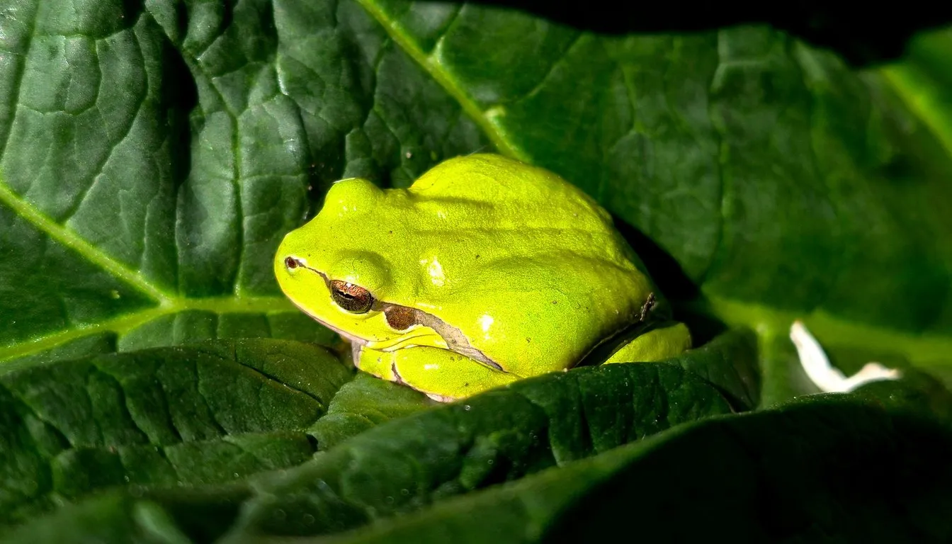 A green tree frog resting on a broad leaf