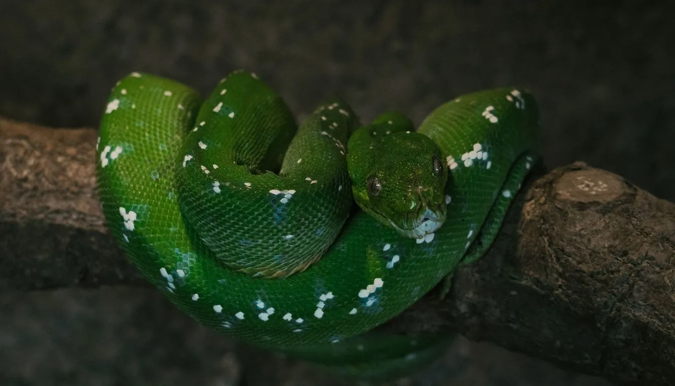 A green tree python coiled around a branch